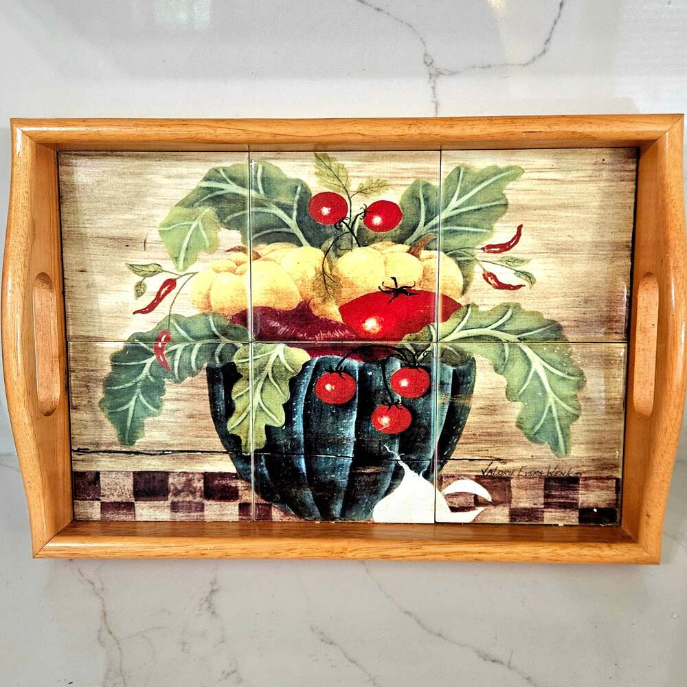Valerie Evers Wenk Harvest Fruit Ceramic Tile Inset Wooden Serving Tray